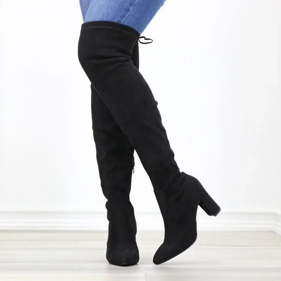 Black Thigh High Over The Knee Block High Heel Boots Pointy Toe Faux Suede - Picture 12 of 15